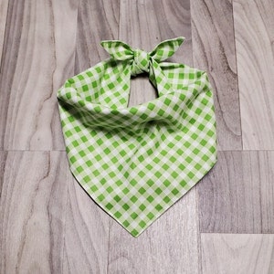May include: A green and white checkered bandana, tied at the top in a bow. The fabric is a light green and white gingham pattern. The bandana is made of a soft, lightweight material.