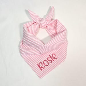 Pink Seersucker Dog Bandana | Personalized Embroidered Name | Tie-On Puppy Bandana
