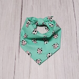 Mint Cow Print Dog Bandana: Tie On Style