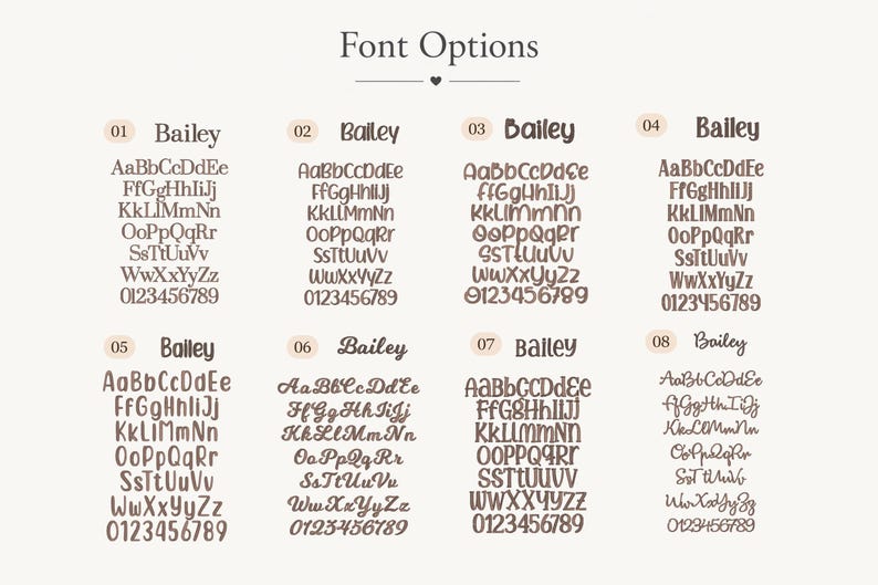 Op de afbeelding: Een tabel met de titel Font Options met acht verschillende bruine typografische stijlen, genummerd van 01 tot 08. Elke optie bevat de naam Bailey, gevolgd door het volledige alfabet in hoofdletters en kleine letters en de cijfers 0 tot 9.