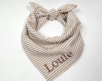 Personalized Khaki Seersucker Dog Bandana | Custom Embroidered Name | Beige Tie-On Puppy Bandana