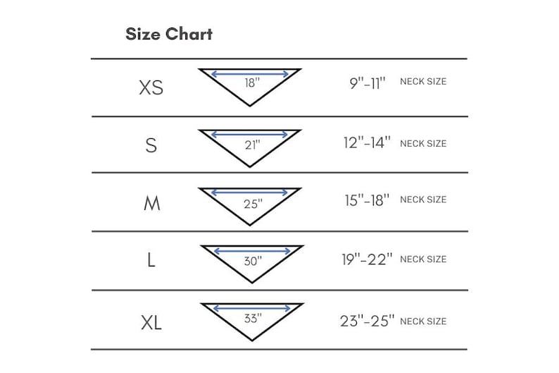 May include: Size chart for dog bandanas, showing bandana size in inches and corresponding neck size in inches.  XS: 18 inches, 9-11 inches neck size. S: 21 inches, 12-14 inches neck size. M: 25 inches, 15-18 inches neck size. L: 30 inches, 19-22 inches neck size. XL: 33 inches, 23-25 inches neck size.