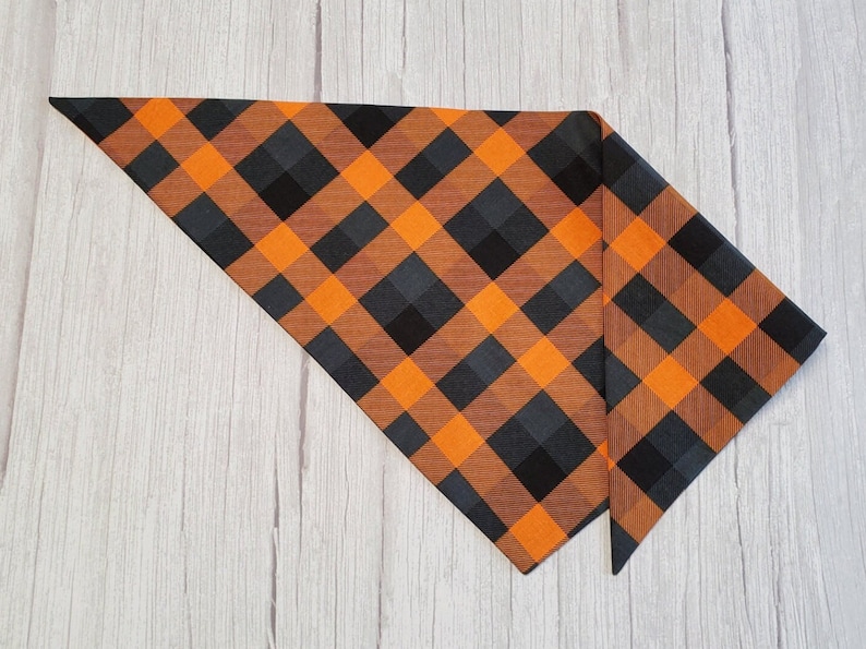 May include: Orange and black plaid bandana, folded into a triangle shape.