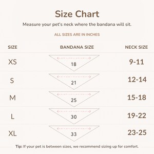 Op de afbeelding: Een maattabel voor huisdierbandana's met bruine tekst op een lichte achtergrond. Het toont de maten XS tot XL, met bandana-breedtes van 18, 21, 25, 30 en 33 inch, en nekmaten van 9 tot 25 inch. Inclusief instructies voor het opmeten.