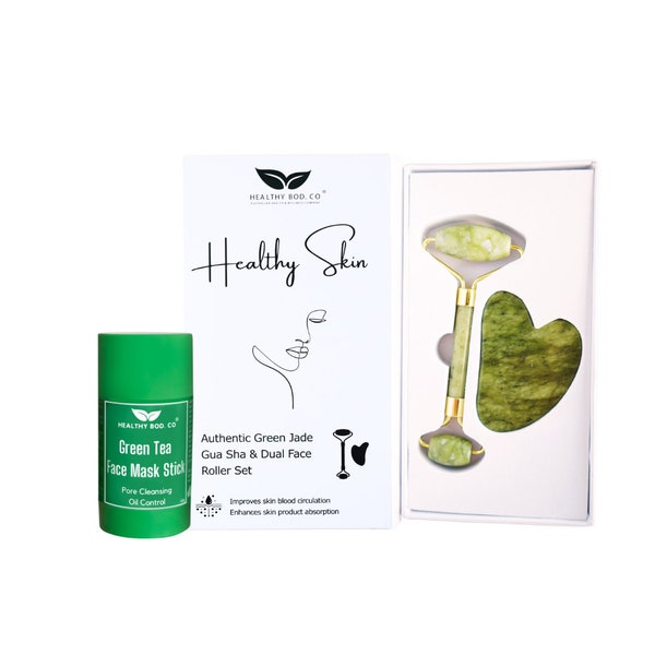 Face Care Gift Bundle | Healthy Bod. Co - Australian Health & Wellness Brand | Authentic Jade Gua Sha and Face Roller Tools + Green Tea Mask