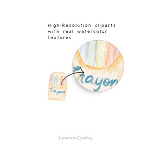 May include: Watercolor illustration of a crayon box with the word "Crayons" written on it. A close-up of a crayon is shown with the word "Crayon" written on it. The image has the text "High-Resolution cliparts with real watercolor textures".