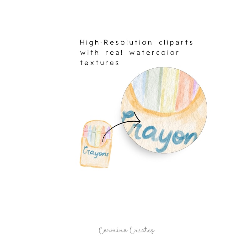 May include: Watercolor illustration of a crayon box with the word "Crayons" written on it. A close-up of a crayon is shown with the word "Crayon" written on it. The image has the text "High-Resolution cliparts with real watercolor textures".