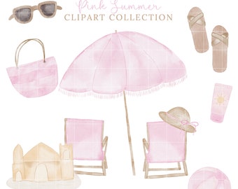 May include: Pink summer clipart collection with 11 individual images. The images include a beach umbrella, two beach chairs, a beach bag, sunglasses, flip flops, a sandcastle, a beach ball, and a bottle of sunscreen.