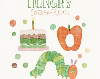 The Very Hungry Caterpillar Watercolor Clipart, Watercolor Polka Dots, Watercolor Worm Clip Art, Birthday Cake Clipart, Colorful PNG