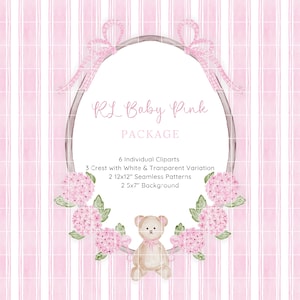 Cadre ovale hortensias roses, cadre aquarelle rose pour baby shower, ours avec ruban Clipart PNG, motif Vichy rose bébé, art pour chambre d'enfant