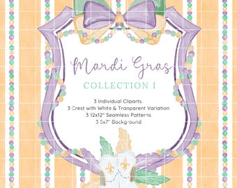 May include: A watercolor illustration of a Mardi Gras crest with a purple and green bow, beads, and a pair of white boots. The crest is surrounded by a striped background with purple, green, and yellow beads. The text "Mardi Gras Collection I" is written in the center of the crest.