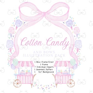 Clipart de algodão doce com laço rosa em aquarela, clipart de chá de bebê para meninas, clipart de algodão doce para festa de aniversário de menina em aquarela, granulados