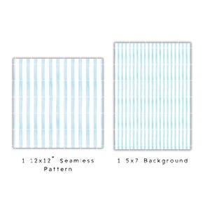 May include: Two rectangular patterns with a watercolor stripe design in light blue and white. One is a 30.5x30.5 cm seamless pattern, and the other is a 12.7x17.8 cm background. The text on the image reads "1 12x12" Seamless Pattern" and "1 5x7 Background".