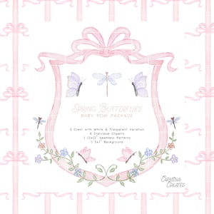Écusson aquarelle noeud rose, écusson baby shower printanier, aquarelle papillon, libellule, écusson floral ruban rose, cliparts grand millénaire