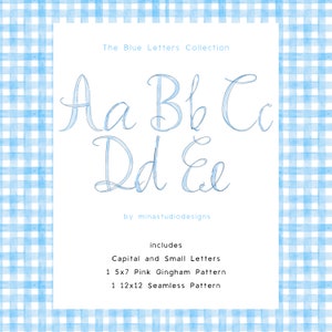 May include: The Blue Letters Collection font set includes capital and lowercase letters, a 5x7 inch pink gingham pattern, and a 12x12 inch seamless pattern.