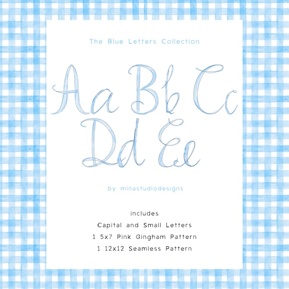 Blue Watercolor Calligraphy Letters, Gingham Pattern Letters A-Z, Blue Gingham Seamless Pattern, Cursive Letters, Not Ai Generated
