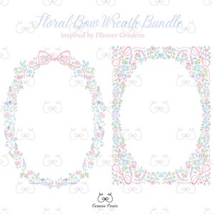 Peut inclure: Conception de Floral Bow Wreath Bundle avec deux cadres de couronnes. Les cadres sont ovales et circulaires, ornés de fleurs aux couleurs pastel, de feuilles et de nœuds roses. Le texte "Floral Bow Wreath Bundle" et "Inspired by Flower Gradens" est en haut.