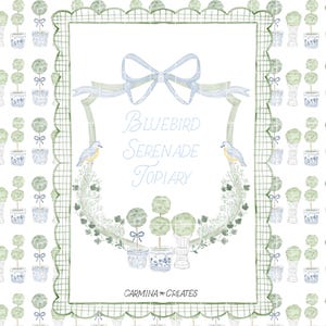 Écusson aquarelle de petites topiaires, écusson avec noeud bleu, cadre souffle de bébé, lot de cliparts topiaires aquarelles, illustrations inspirées du jardin