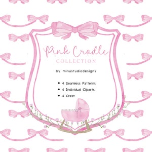 Pink Baby Cradle Watercolor Crest, Baby Nursery Watercolor Clipart, Pink Bow Seamless Patterns, Pink Bow Crest, Monogram Baby Pink Crest