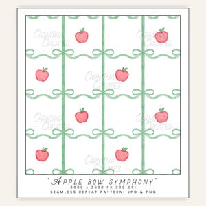 Green Bow with Apples Pattern, Watercolor Apple Seamless Pattern, Back to School Repeat Pattern, Kids School Pattern, Preppy Girl Wallpaper