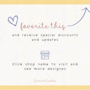 May include: A cream-colored graphic with pink script reading "favorite this", a blue heart, and an arrow. The text promotes special discounts and updates. The shop name is "Carmina Creates".