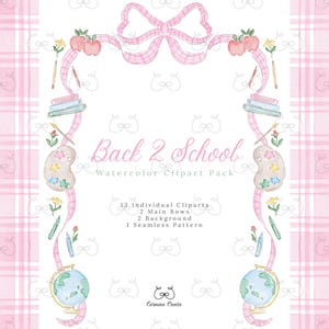 Può includere: Un grafico digitale con un bordo a quadri rosa e una cornice centrale composta da illustrazioni ad acquerello che includono fiocchi, mele, libri, tavolozze di colori, matite, pastelli e mappamondi. Il testo recita Back 2 School Watercolor Clipart Pack.