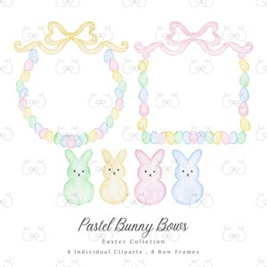 Op de afbeelding: Waterverf illustratie met Pasen thema met twee strikvormige frames, een ronde en een vierkante, versierd met pastelkleurige eieren. Daaronder vier konijnenfiguren in groen, geel, roze en blauw. De tekst "Pastel Bunny Bows" wordt weergegeven.