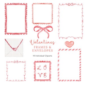 Cornici di San Valentino ad acquerello, Clipart di cartoline di San Valentino, Pacchetto di clipart ad acquerello, Clipart di cornici a fiocco, Cornice 5x7, Clipart di buste