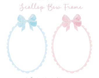 Cornice a forma di conchiglia con fiocco rosa e blu, fiocco rosa acquerello, cornice a forma di conchiglia acquerello, set di clipart per baby shower, cornice ovale a forma di conchiglia acquerello in formato PNG