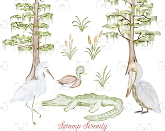 May include: Watercolor clipart set featuring a swamp scene with a white heron, a duck, a pelican, and a green alligator. The scene includes two trees with hanging moss, cattails, and grass. The text "Swamp Serenity" is included.