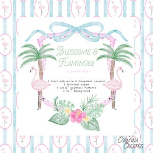 May include: Watercolor design featuring pink flamingos, palm trees, and floral elements. The text "Blossoms & Flamingos" is displayed above a summer dream theme. The design includes seamless patterns and individual clipart.
