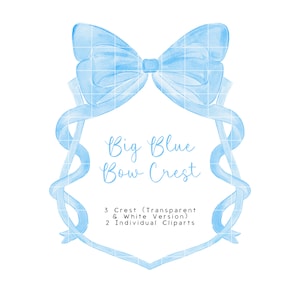 Big Blue Bow Crest, Blue Watercolor Crest, Boy Baby Shower Crest, Blue Ribbon Clipart, Watercolor Clip Art Bundle, Ribbon Frame Monogram