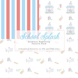Puede incluir: Un paquete de patrones digitales titulado School Splash que incluye tres diseños sin costuras. Un patrón muestra rayas verticales rojas y azul claro. Otro patrón presenta ilustraciones en acuarela de escuelas, sets de pintura y lápices sobre blanco.