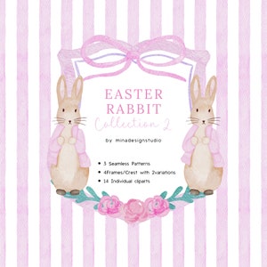 Rosa Osterkaninchen Aquarell Clipart Bundle, Streifen Musterdesigns, Aquarell Crest, Häschen Aquarell Illustrationen, Osterei PNG