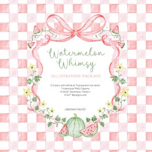 May include: Watermelon Whimsy illustration package includes 3 crests, 7 individual PNG clipart images, 4 12x12 inch seamless patterns, and 4 5x7 inch backgrounds. The illustration features a pink and white gingham background with a watermelon and vine design.