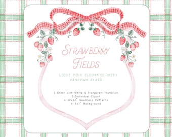 Stemma acquerello fragola, stemma fiocco a quadretti rossi, clipart acquerello fragola, clip art compleanno bambina, motivo senza cuciture, bacche rosse