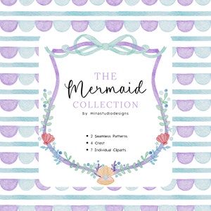 May include: A watercolor illustration of a mermaid collection with a purple and blue striped background. The illustration features a wreath of flowers and seashells with the text "THE Mermaid COLLECTION by minastudiodesigns". The text below the wreath lists the collection's contents: 2 Seamless Patterns, 4 Crest, and 7 Individual Cliparts.