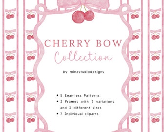 Clipart aquarelle noeud cerise, Png noeud cerise tendance, clipart époque fille douce, Clipart aquarelle Coquette, cerise avec des cadres de ruban rose