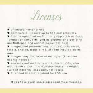 May include: A cream-colored graphic with the word "Licenses" in a script font. The text lists usage terms, including personal use, commercial licenses, and restrictions on resale and modification of clip art and patterns.