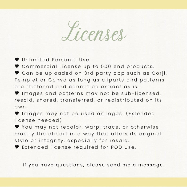 May include: A cream-colored graphic with the word "Licenses" in a script font. The text lists usage terms, including personal use, commercial licenses, and restrictions on resale and modification of clip art and patterns.