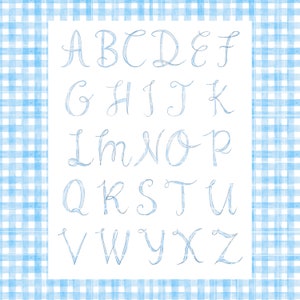 May include: A blue watercolor alphabet with a light blue gingham background.