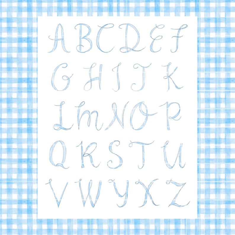 May include: A blue watercolor alphabet with a light blue gingham background.