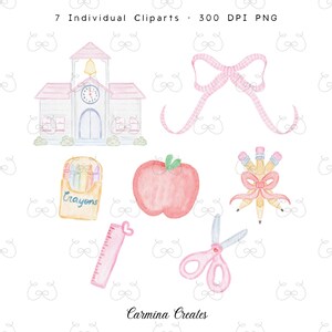 May include: Watercolor clipart set featuring school-themed illustrations. Includes a pink schoolhouse, a pink bow, a box of crayons, a red apple, pencils tied with a bow, a pink ruler, and pink scissors. The text "7 Individual Cliparts - 300 DPI PNG" is at the top.