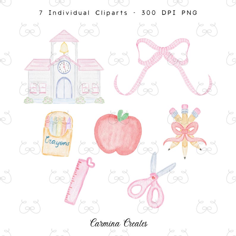 May include: Watercolor clipart set featuring school-themed illustrations. Includes a pink schoolhouse, a pink bow, a box of crayons, a red apple, pencils tied with a bow, a pink ruler, and pink scissors. The text "7 Individual Cliparts - 300 DPI PNG" is at the top.
