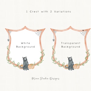 May include: Watercolor illustration featuring two shield-shaped crests with a Halloween theme. Each crest has an orange frame, spiderwebs, and a black cat sitting next to pumpkins. One crest has a white background, the other is transparent. Text reads "1 Crest with 2 Variations".