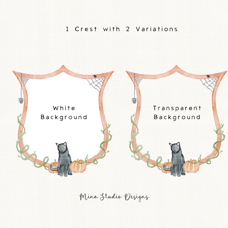 May include: Watercolor illustration featuring two shield-shaped crests with a Halloween theme. Each crest has an orange frame, spiderwebs, and a black cat sitting next to pumpkins. One crest has a white background, the other is transparent. Text reads "1 Crest with 2 Variations".