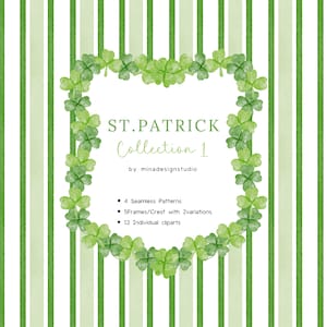 Bundle de cliparts aquarelle pour la Saint-Patrick, motif transparent rayures vertes, écusson aquarelle noeud papillon, clipart trèfle, illustrations de la Saint-Patrick