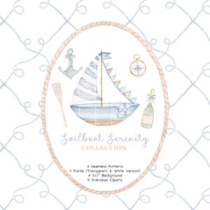 Aquarell Blau Segelboot Clipart Pack, Nautische Illustration Paket, Hochzeit & Babyparty Grafiken, Blaues Musterdesign, Seil Oval Rahmen