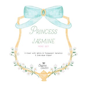 Brasão de aquarela da princesa Jasmine, brasão de laço azul esverdeado, pacote de clipart de tapete mágico, brasão de jasmim, PNG dourado do Beatle, conjunto de clipart de princesa