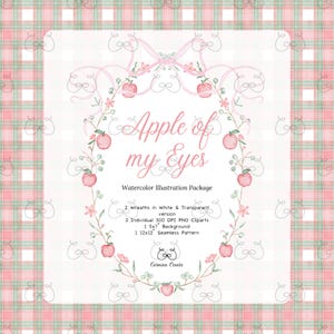 May include: Watercolor illustration package with the text "Apple of my Eyes". The design features a pink and green plaid background with a floral wreath and apples. Includes clip art, a background, and a seamless pattern.
